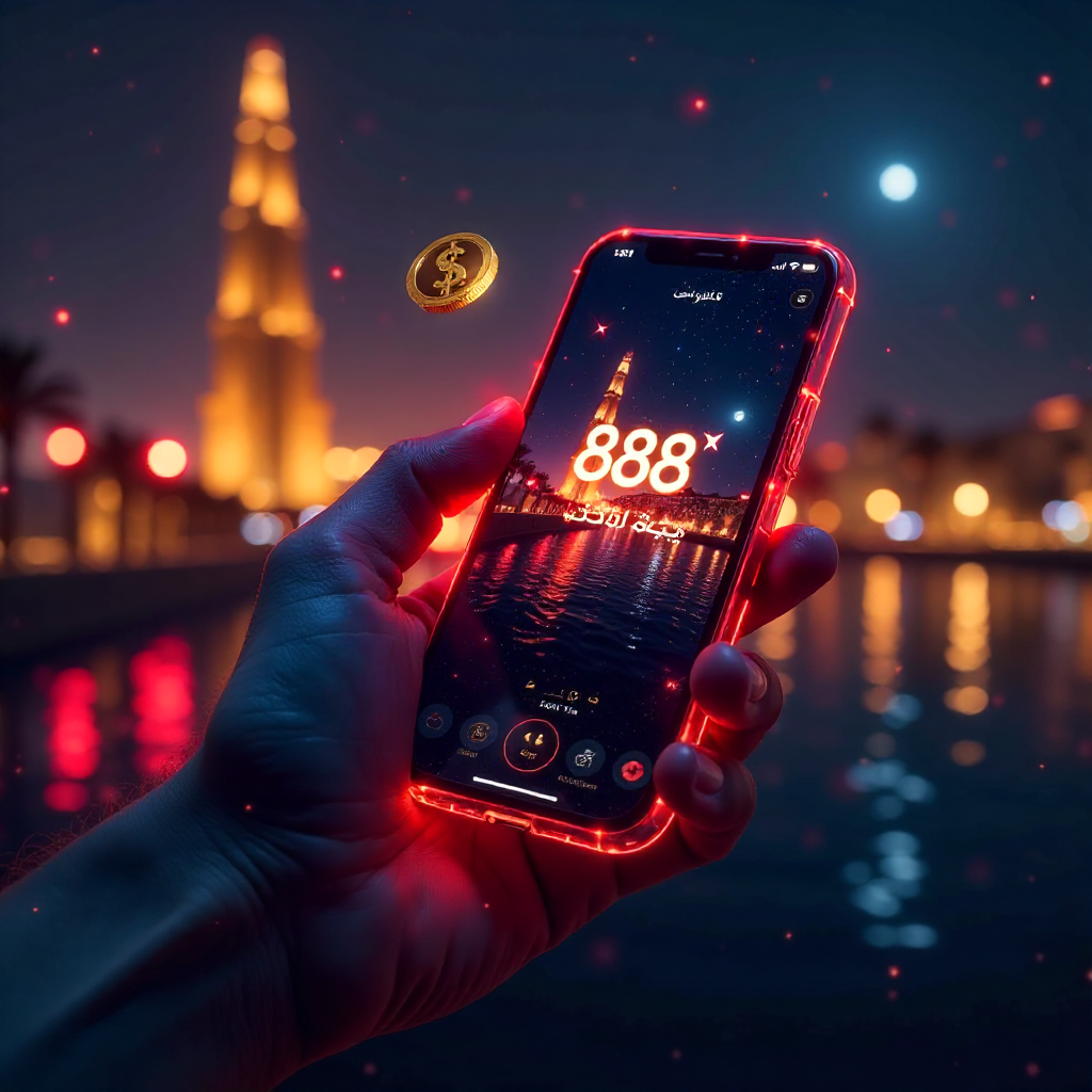 Futuristic hand holding a transparent glass smartphone displaying 888starz official Arabic app, background is the Cairo Tower and Nile river at night with glowing red laser beams and golden bokeh, 3D holographic gold EGP coins and soccer balls floating, n